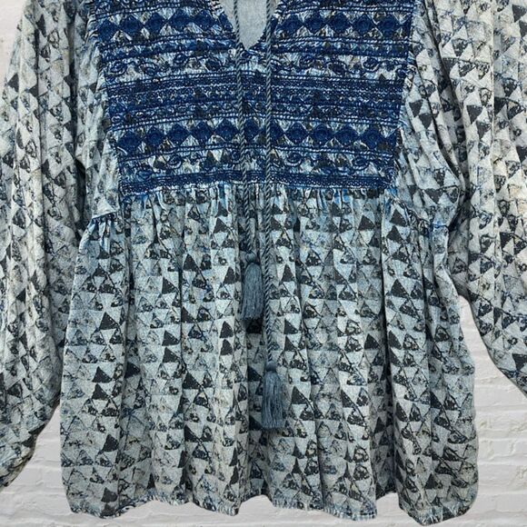 Sigrid Olsen Peasant Top M Blue Embroidered Tassel Tie Neck Balloon Sleeve - Picture 7 of 14